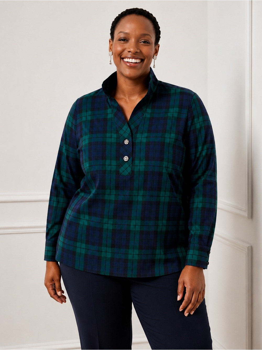 Talbots Green and Navy Blackwatch Plaid Sparkly Button-Front Shirt Plus Sz 1X